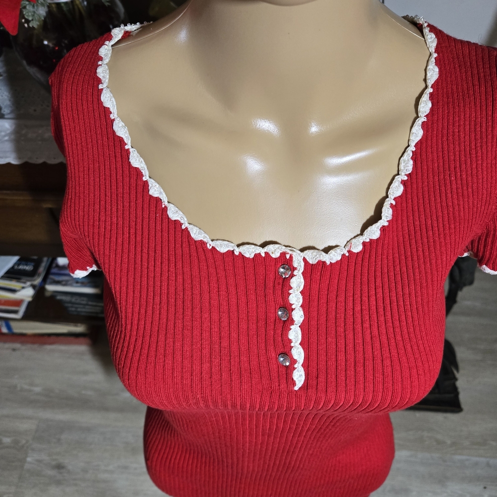 INC International Concepts Red Knit Top with White Accents and silver threads, S